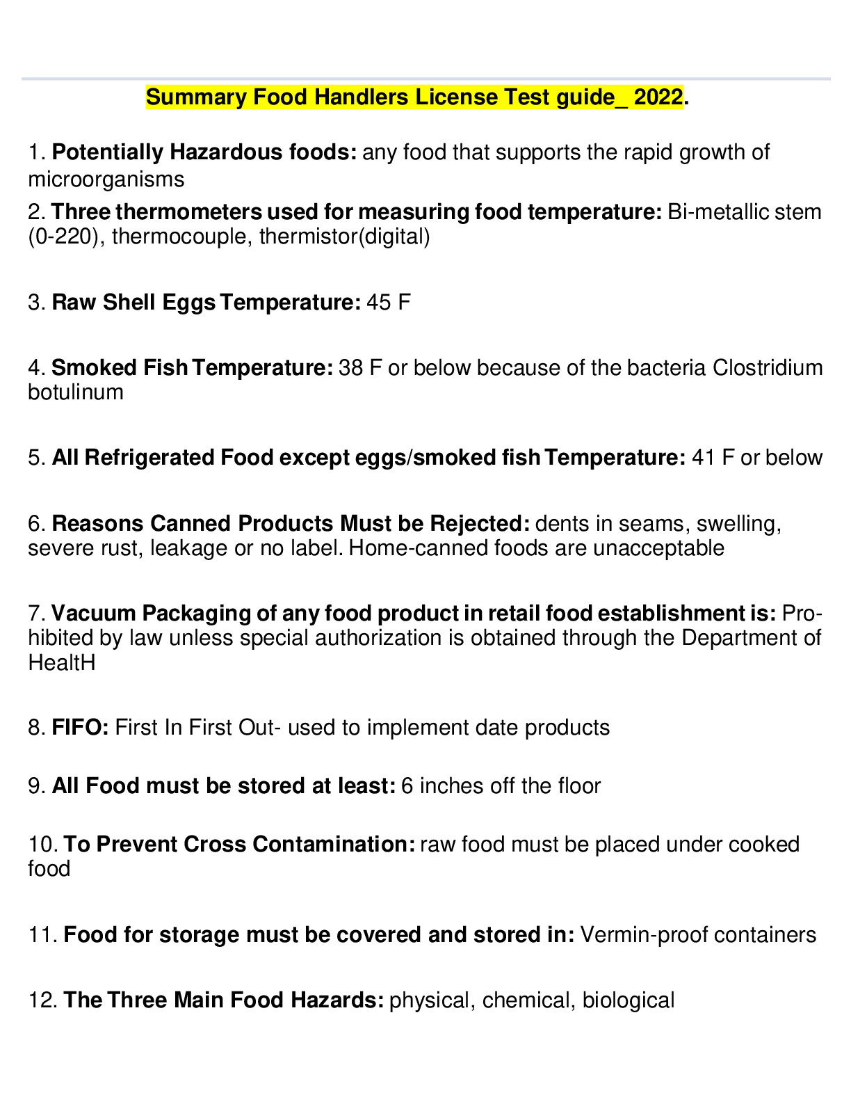 Preview image for Summary Food Handlers License Test guide_ 2022.